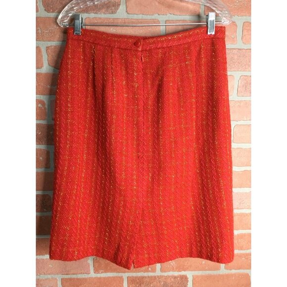Vintage Tweed Skirt Blazer Jacket Set Suit Red Gold Metallic Fringe Detail - Picture 7 of 8